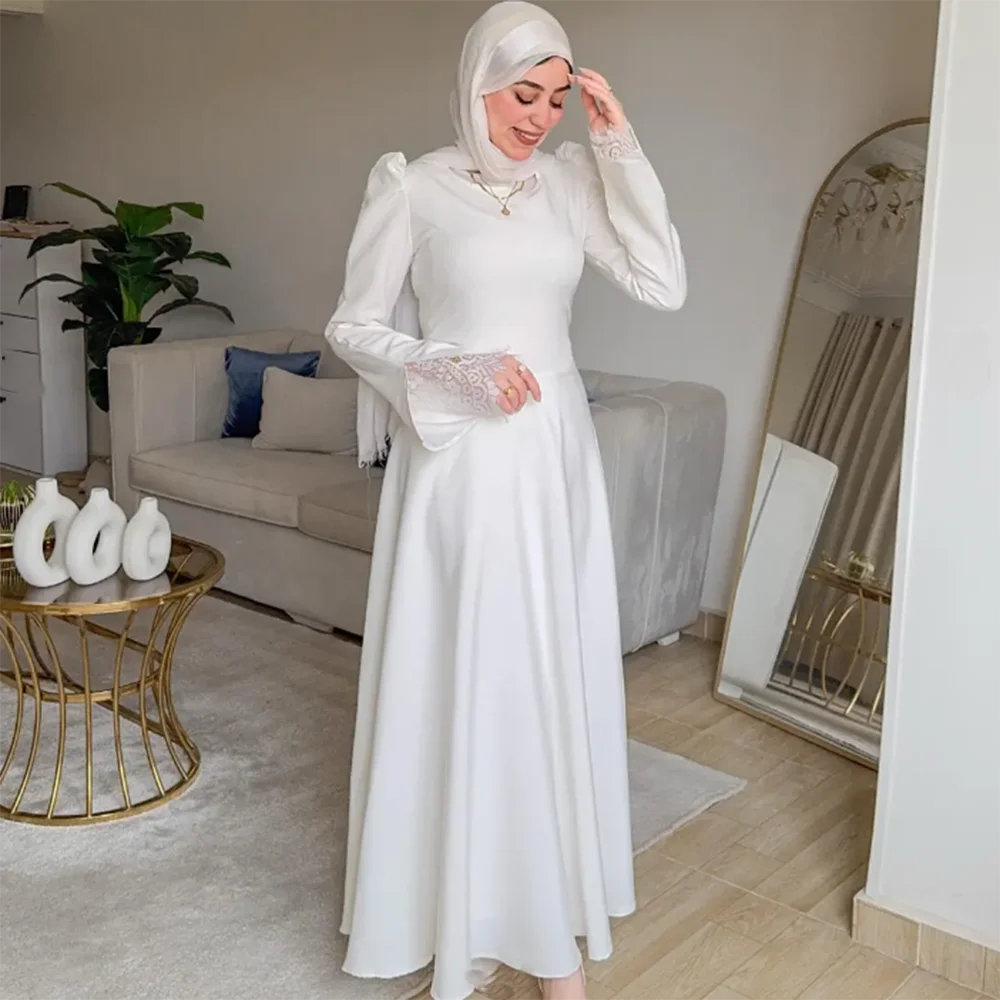 

Customized White A-Line Prom Dresses Ankle-Length O-Neck Full Sleeve Evening Gown Simple Fashion Draped Lace Party Gown