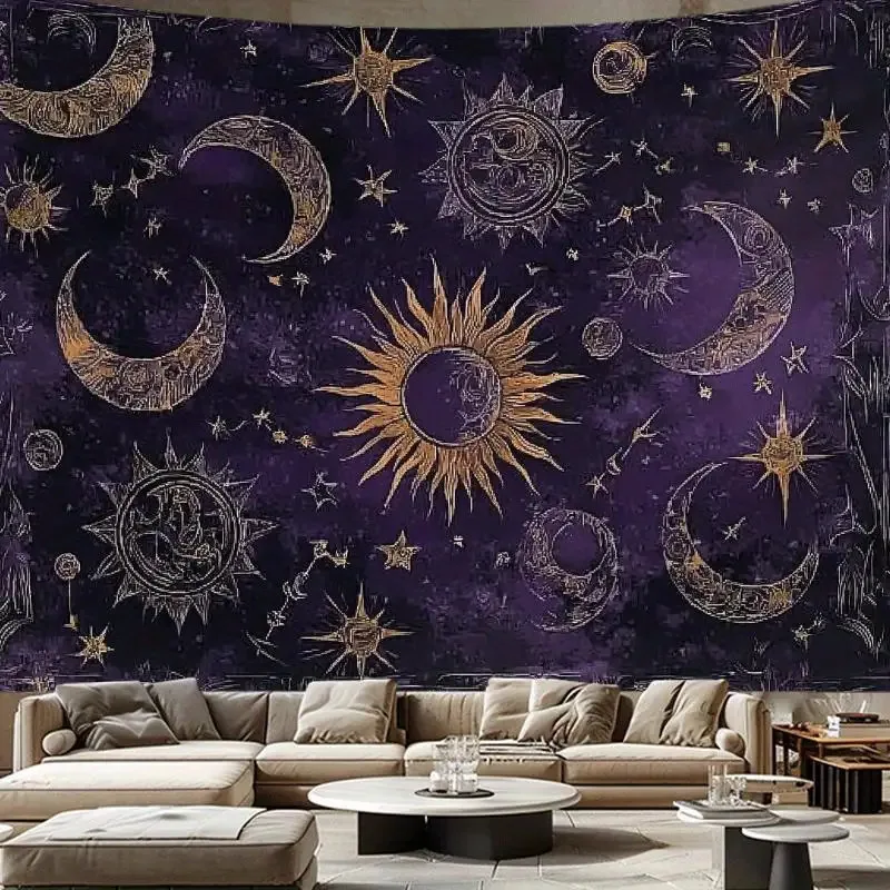 1pc Tapiz de Estampado Soñador Cielo Estrellado, Sol y Luna, Arte Vintage, Decoración para Dormitorio, Oficina o Fiestas, Ideal