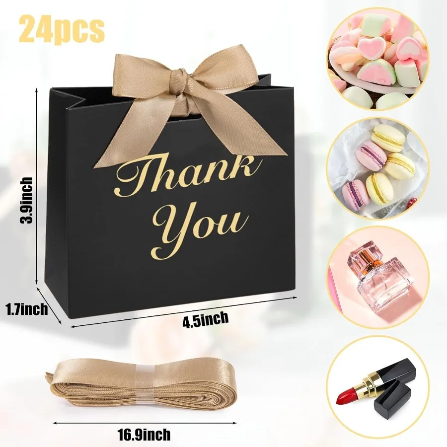 24 pçs obrigado sacos de presente 4.5x3.9x1.8 polegadas mini festa favor sacos preto caixas de deleite com fita arco para casamento nupcial bebê sho