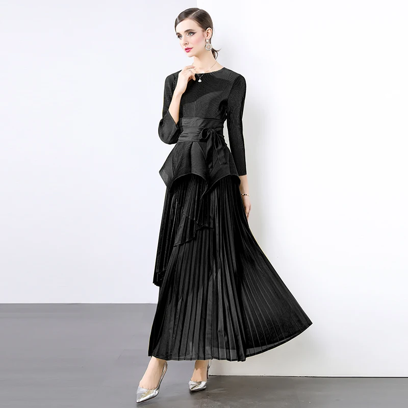 New Fashion Pleated 2 Piece Set For Women Round Collar Irregular Belt Gathered Waist Ruffles Tops + Miyake Party Long Skirt Suit