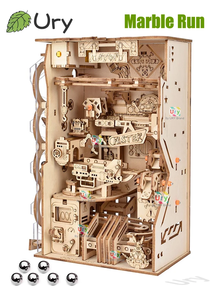 Ury 3D Holzpuzzle Elektrische Kugelbahn-Buchnische Set Gegenstrom-Kompass-Modell Kugellabyrinth Montage-Geschenkset