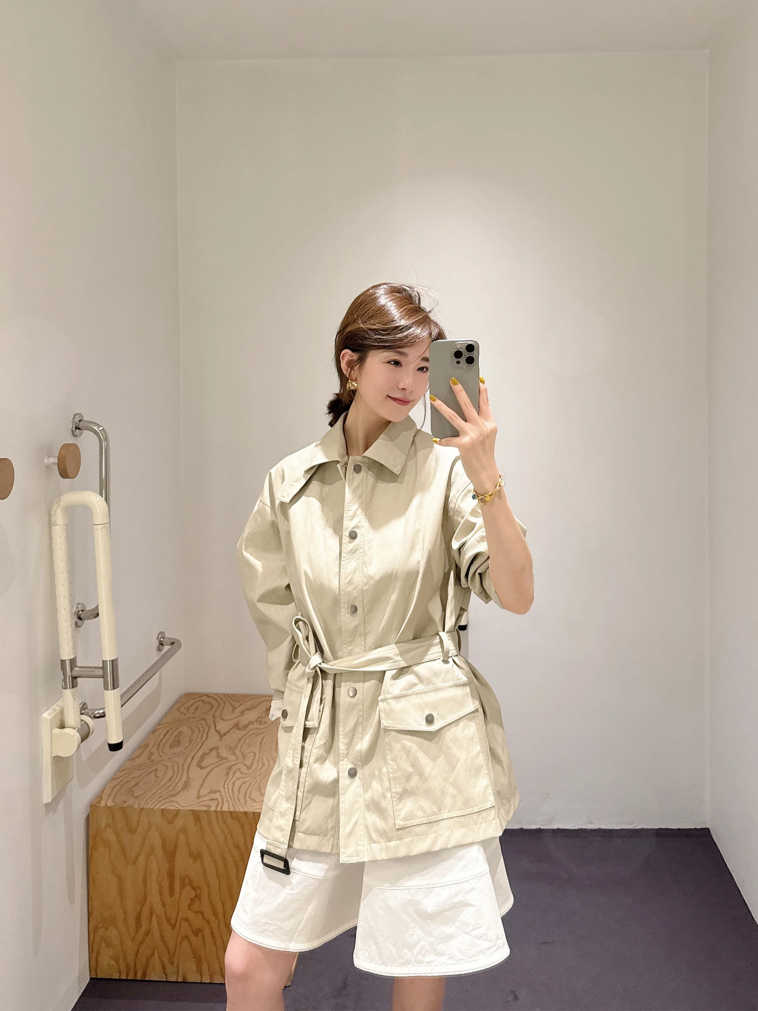 2026 Spring New Retro Simple Long Collar Belted Women's Workwear Style Jacket Slim Fit Polyester Elastic Fiber Long Sleeve