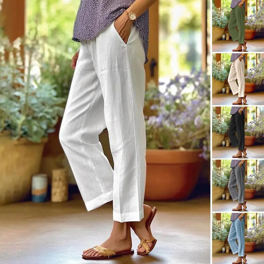 Women's Summer Cotton And Linen Trousers Loose Pocket Elastic Waist Wide Leg Pants Retro Literary Solid Color Casual Pants