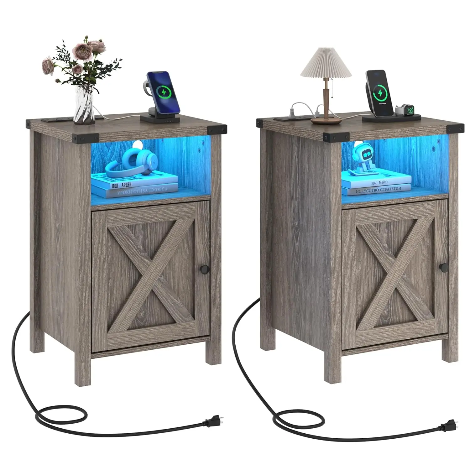 LED Nightstand Set of 2 with Charging Station, Rustic End Table with Barn Door & Shelf for Bedroom & Living Room, Customized
