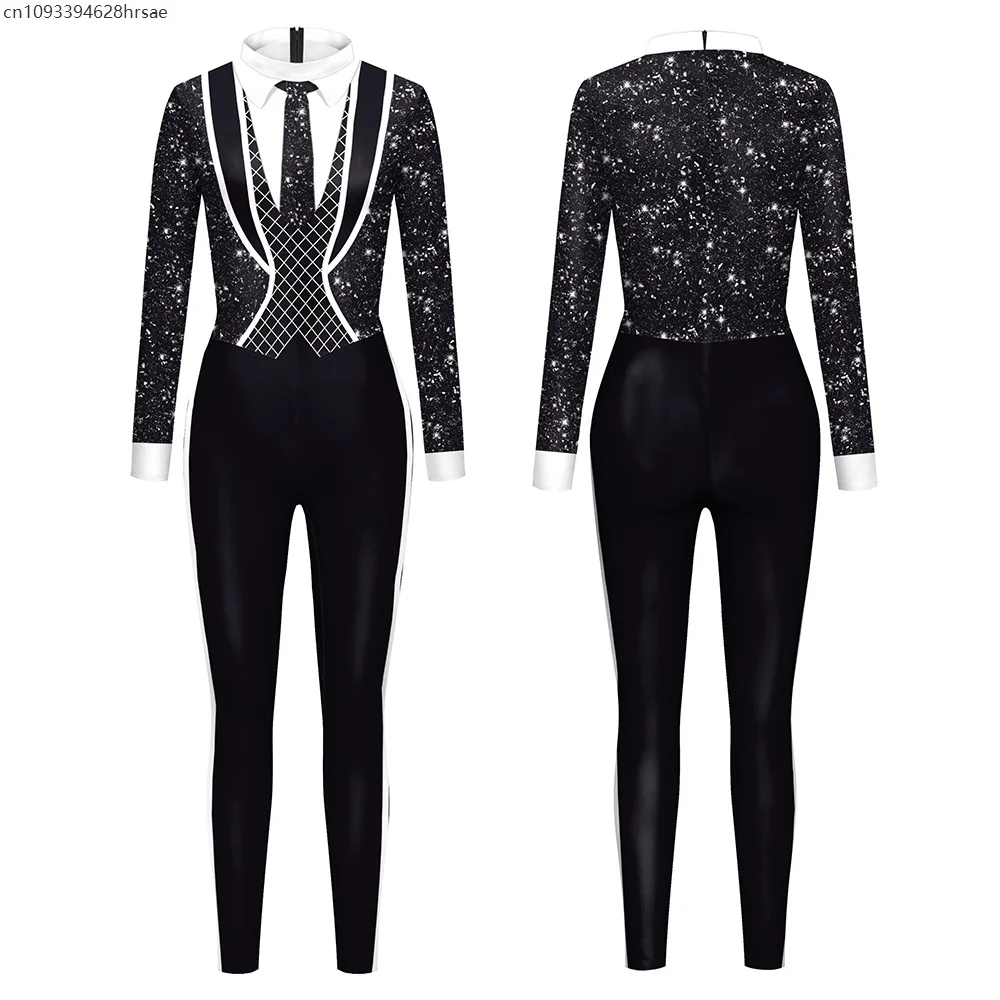 Preto impresso catsuit cosplay bodysuit uniforme festa de carnaval falso lapela gravata temperamento macacão namoro terno