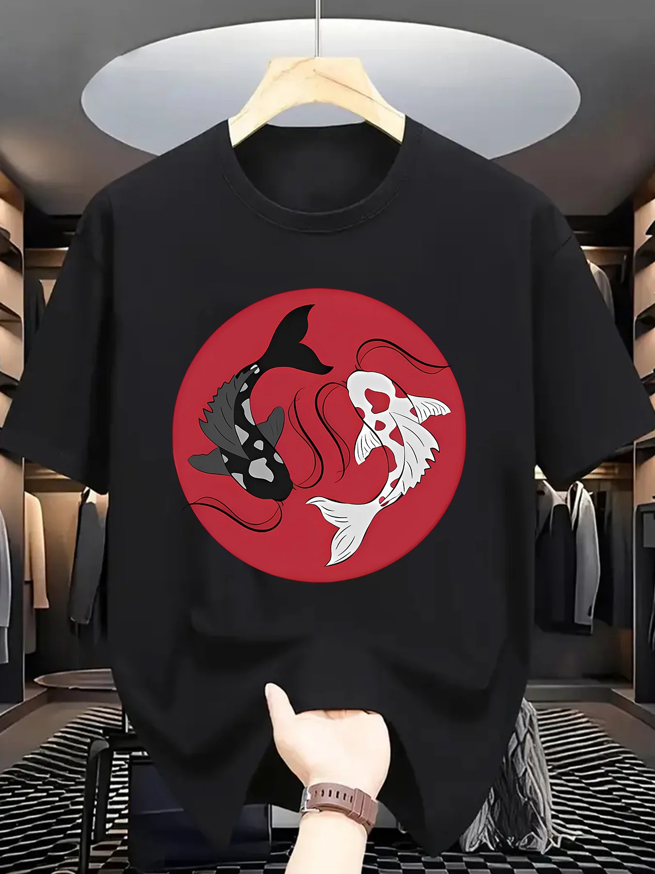 Yin Yang Koi Carp Mens Crew Neck T Shirt Red Circle Black White Fish Oriental Graphic Short Sleeve Tee Casual Male Street Tops