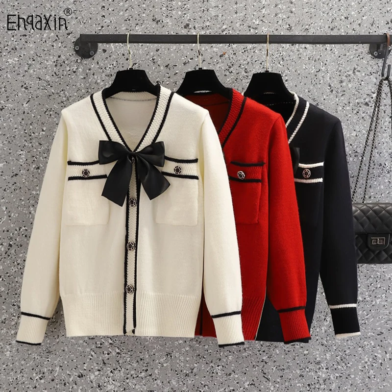 EHQAXIN Women's Sweater Fashion 2022 Autumn Winter New Loose Bow V-Neck Versatile Buttons Sweater Cardigan For Ladies M-4XL