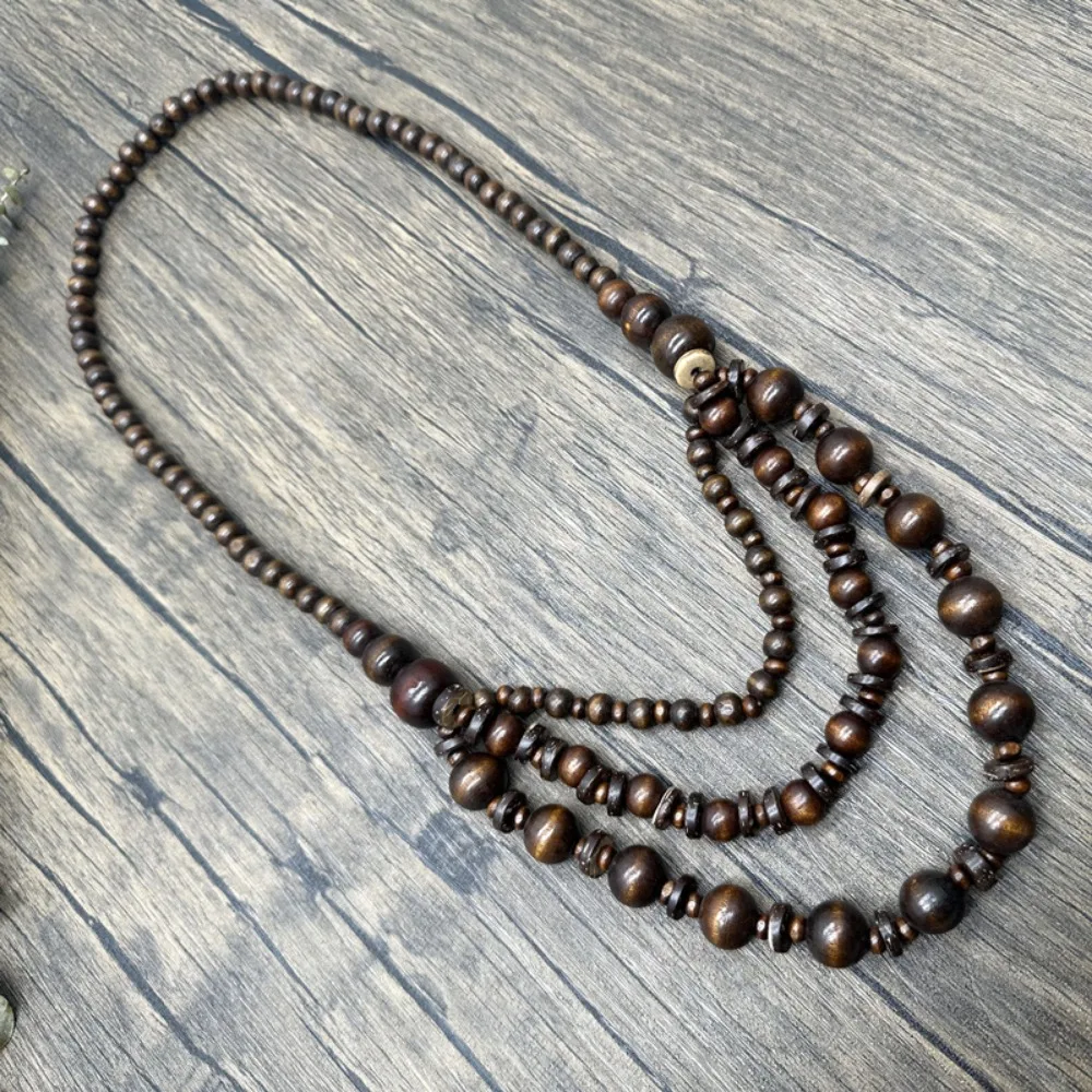 Bohemian Ethnic Style Handmade Beaded Long Necklace Retro Vacation Multilayer Wooden Beads Sweater Chain