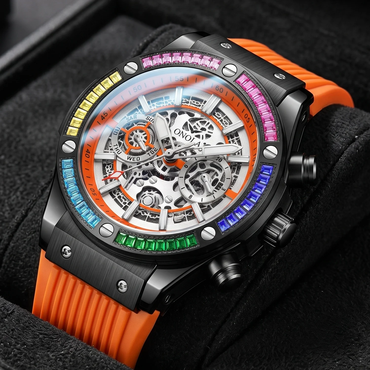 ONOLA Men's Mechanical Watch, Colored Square Rhinestone Alloy Case, Hollowed‑Out Dial, Date Function, For Party & Business Wear