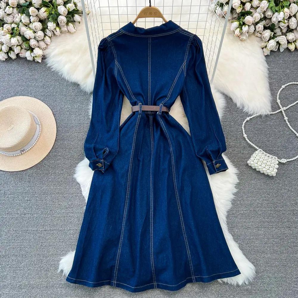 2025 Spring Autumn New Long Denim Dresses Women's Korean Long Sleeve Laps Waist Slimming Single Breasted A Shirt Jeans Dress
