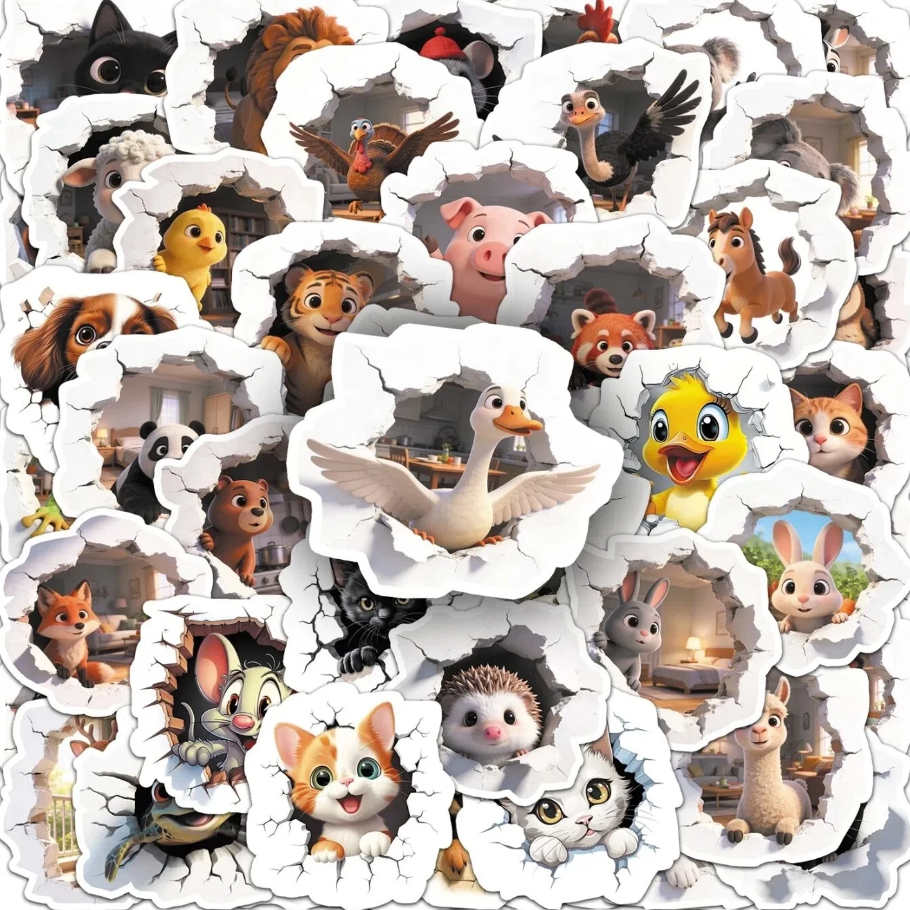 10/30/50Pcs Cute Peeking Break Wall Animal Stickers Waterproof Decals DIY Decor For Water‑cup Laptop Skateboard Holiday Gift