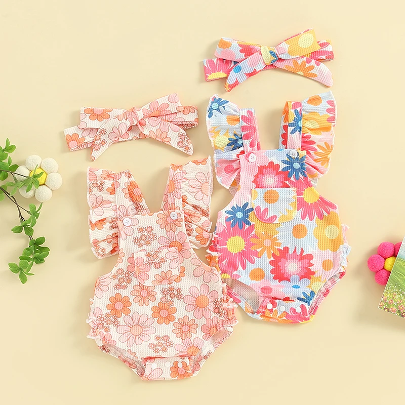 

Summer Newborn Baby Girls Cute Romper 0-18M Princess Floral Print Backless Button Frill Jumpsuits Headband Casual Outfits