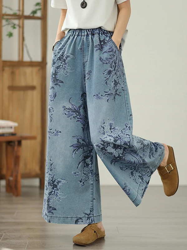 2025年夏 花柄プリント ワイドレッグジーンズ スリムフィット ウエストゴム 細身 ストレート マキシ丈パンツ カジュアル ハイウエスト ロング丈