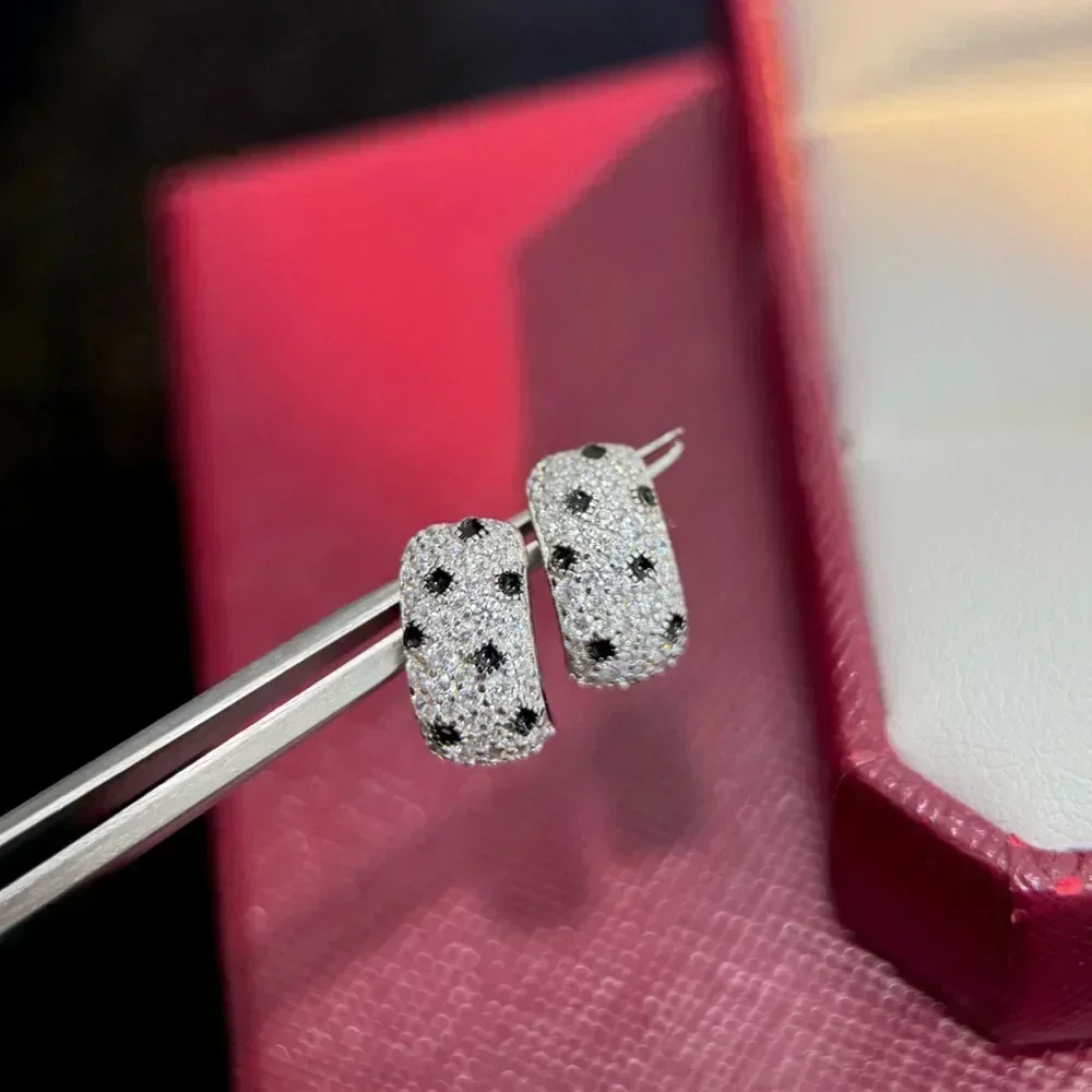 New Vintage 100% Pure 925 Sterling Silver Earrings Full Pave Zirconia Leopard Print Ear Stud For Women Luxury Fine Jewelry