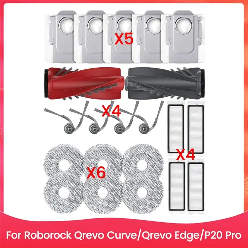 AEE8-For Roborock Qrevo Curve/Qrevo Edge/P20 Pro Roller Side Brushes Hepa Filter Mop Cloth Dust Bags Replacement Parts
