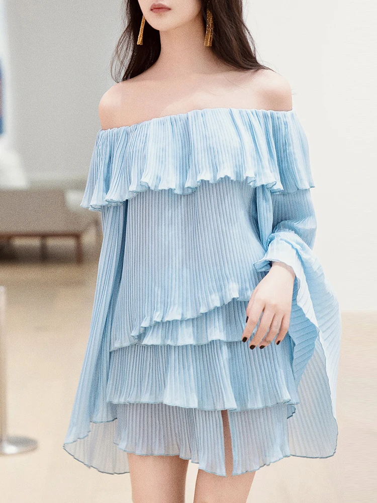 2023 Folds Mini Dresses For Women Slash Neck Long Sleeve High Waist Folds Elegant Temperament Dress Female Fashion New