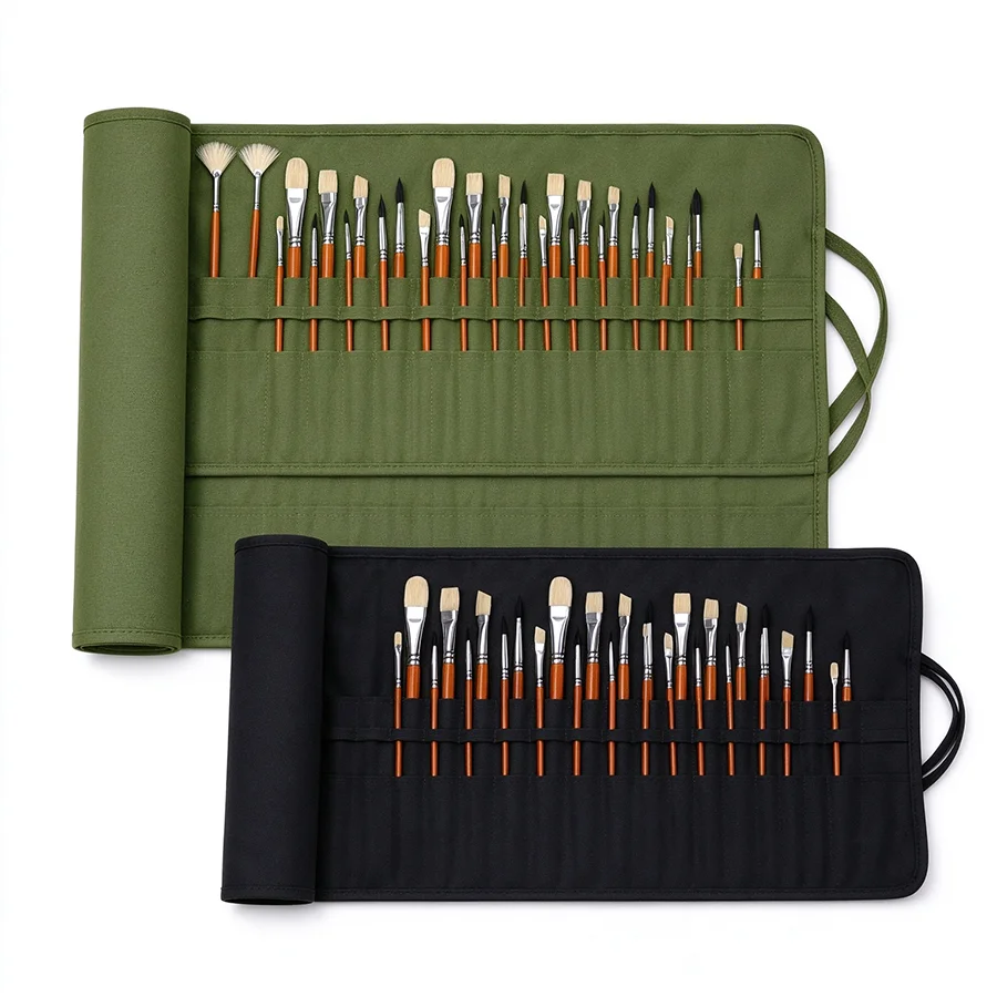 34-Slot Canvas Paint Brush Roll Up Case Washable Artist Brush Organizer For Watercolor Acrylic Pens Art Tools Travel