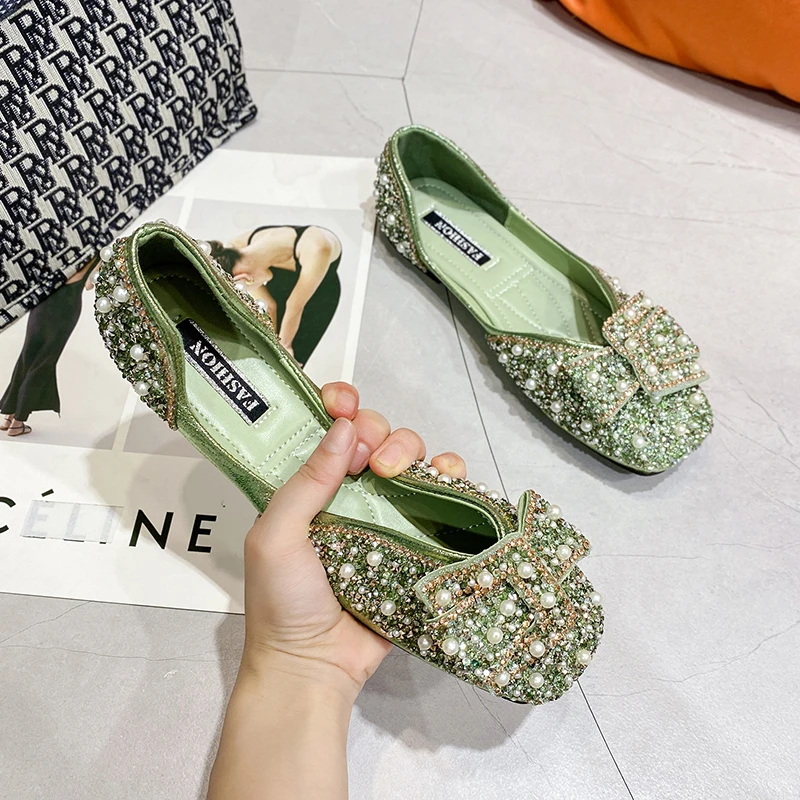 Glitter Crystal Pearl Studs Ballet Shoes Women Square Toe Slip on Loafers Cozy Shallow Cut-out Ballerina Flats Moccasins Female