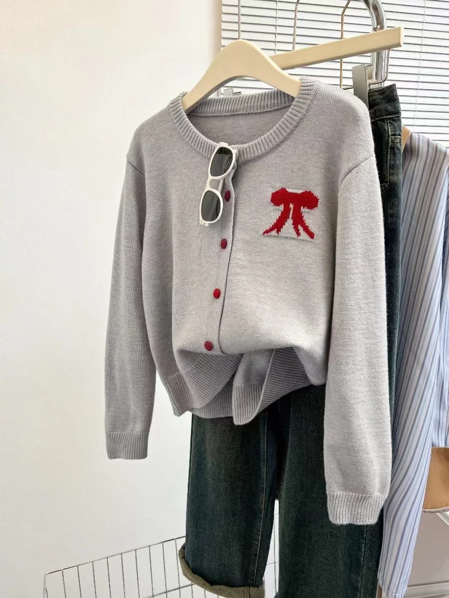 Casual Knitted Cardigan Contrast Color Red Bow Thick Loose Thick Bottom Sweater Coat Female Sweater 2024 Autumn Lady Streetwears