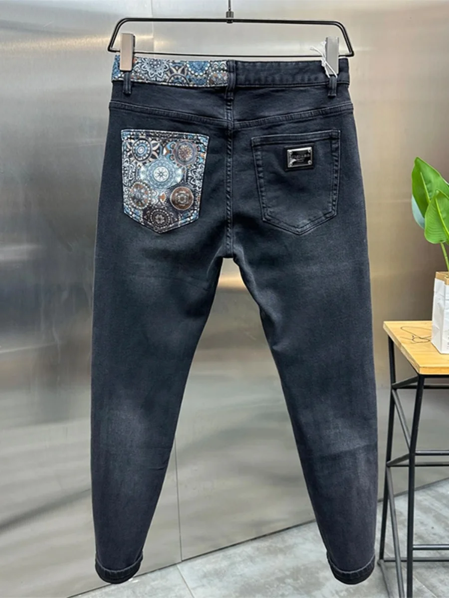 

Spring Autumn Men's Slim Fit Casual Jeans Patchwork Embroidery High Waist Small Foot Pants Trendy Simple Sle