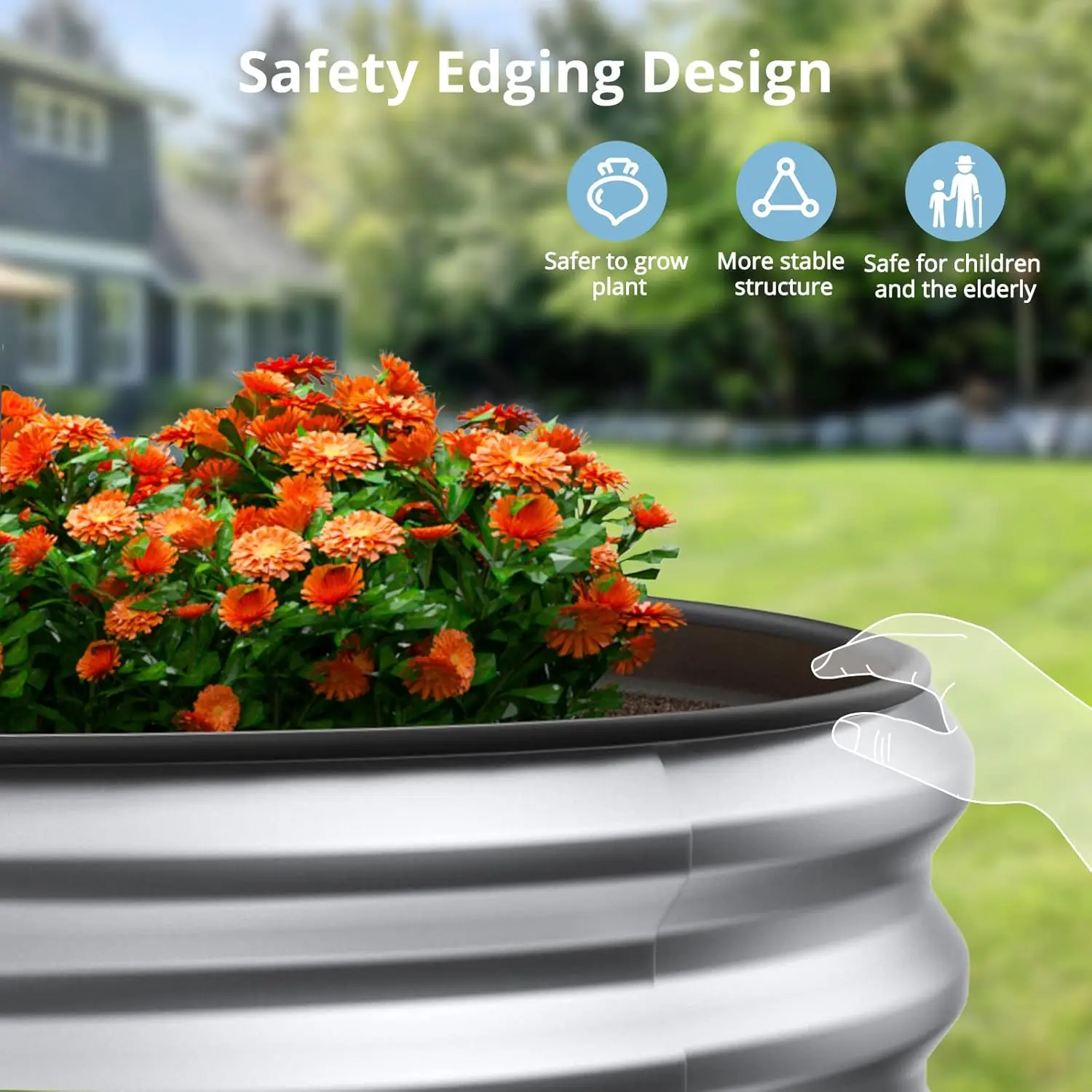 Outdoor Gardening Galvanized Metal Planter Box in Silver with Safety Edging, Ideal for Vegetables, Flowers, and Herbs view 2
