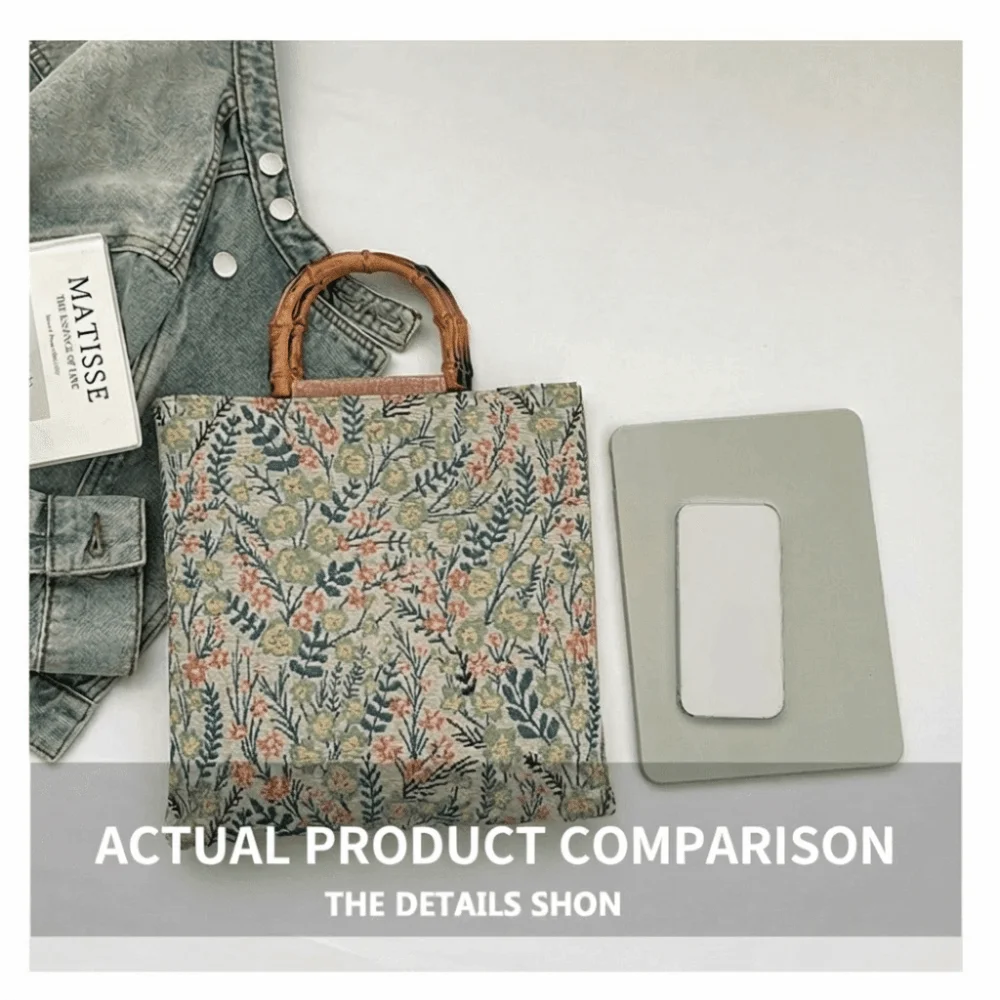 Cloth Material Bamboo Knot Handbag Floral Flower Print Artistic Chinese Style Tote Vintage Large Capacity Jacquard Tote Bag