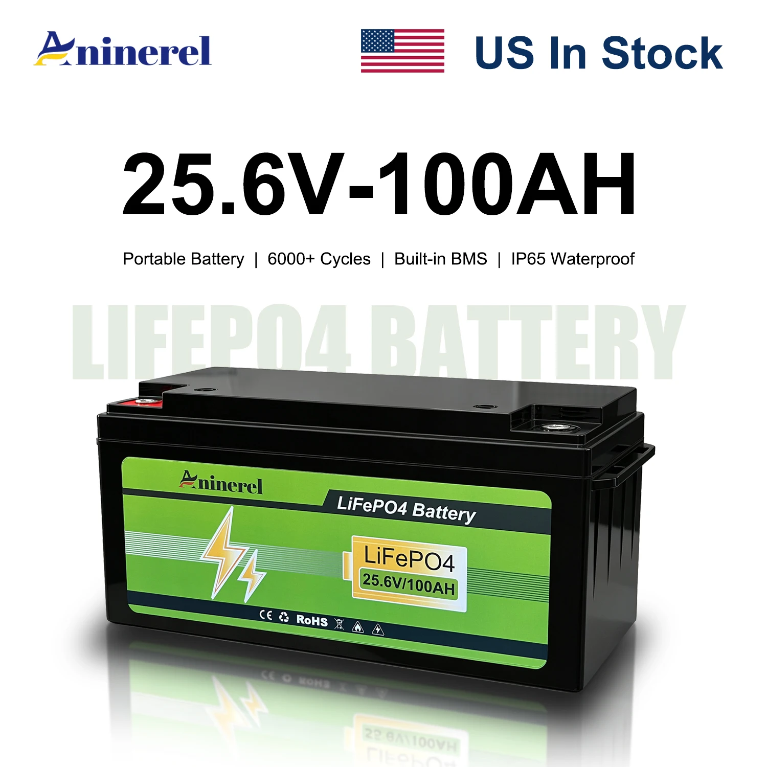 Aninerel 25.6V 100AH Portable LiFePO4 Battery Built-in BMS 6000+ Cycles 24V Outdoor Solar Storage Power For Rv Home US In Stock