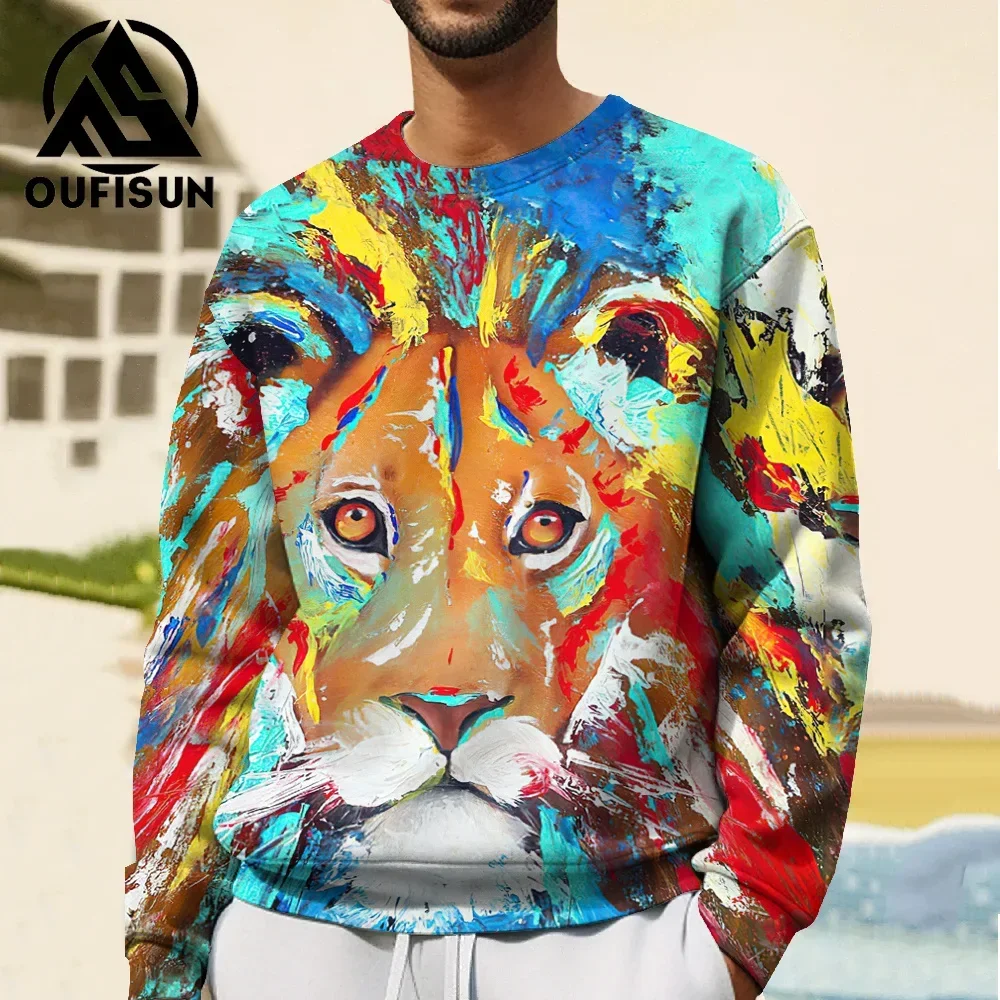 3D Oil Painting Animal Print Long Sleeve T-Shirt Men's Autumn Sweater Street Fashion Men's Oversized Round Neck Pullove