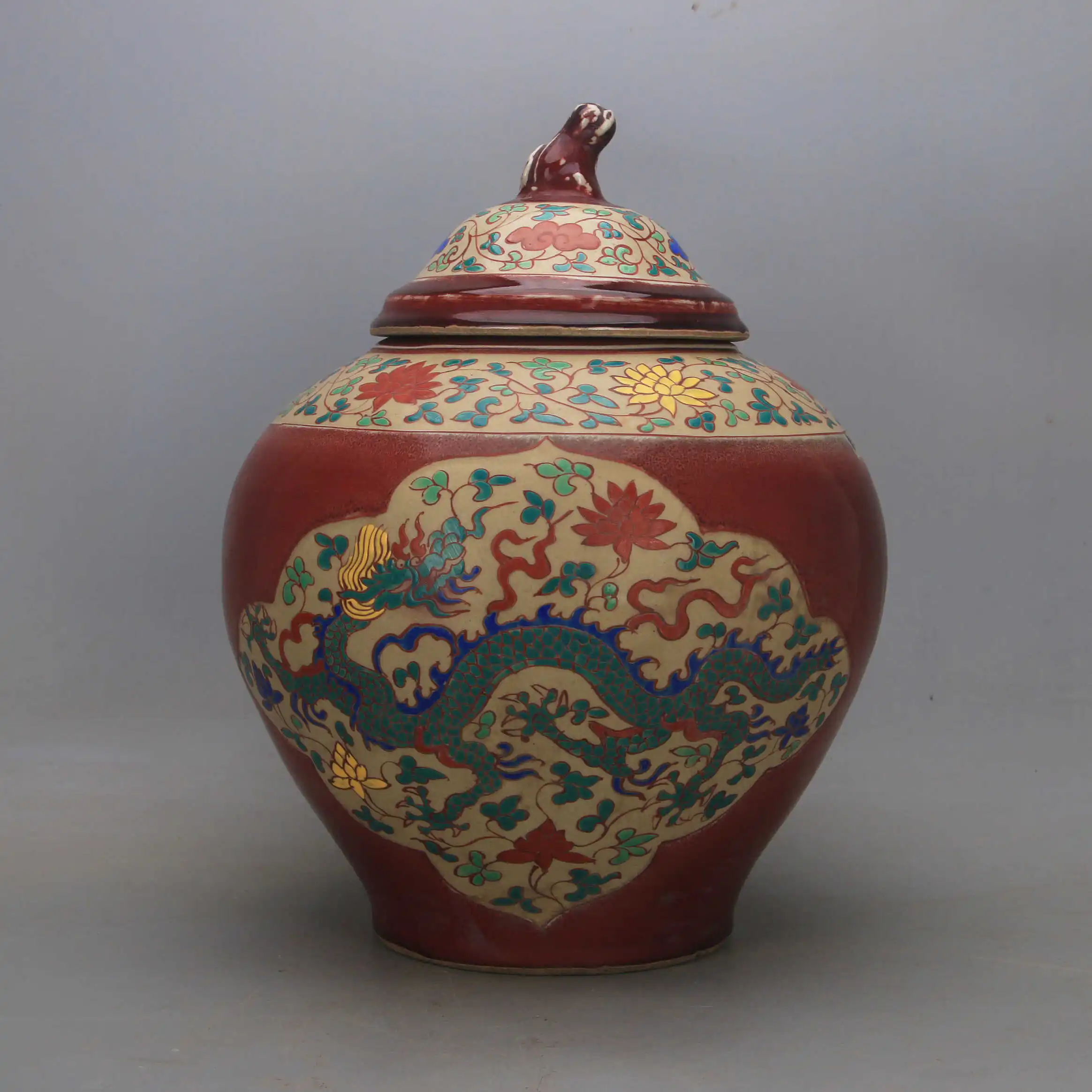 Chinese Ming Xuande Sacrificial Red Mythical Lion Dragon Panel Wucai Covered Jar Handmade Reproduction Porcelain Home Decor