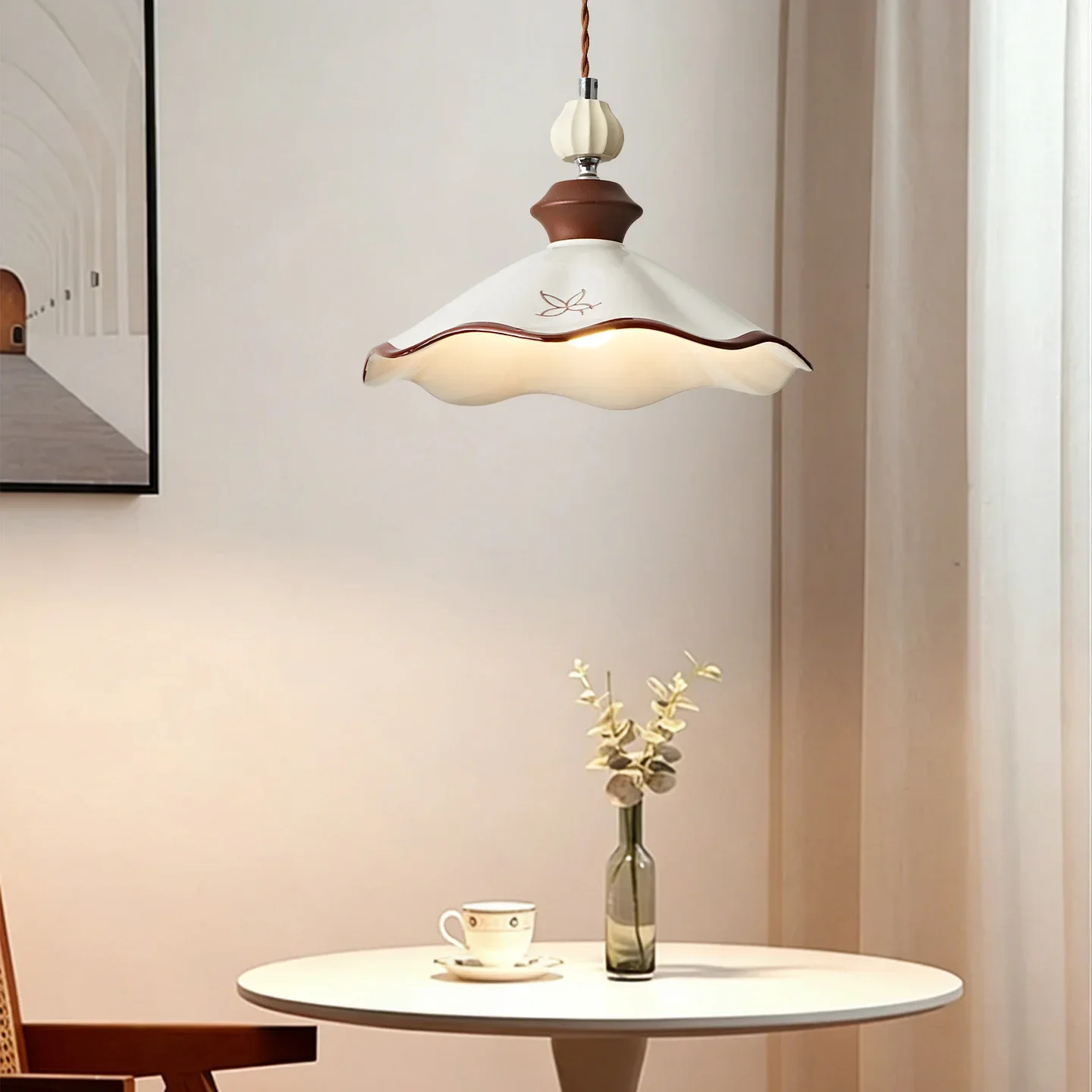 Industrial French Vintage Ceramic Flower Hat Shaped LED Pendant Light Indoor Art Lamp for Living Room Home Decoration Chandelier