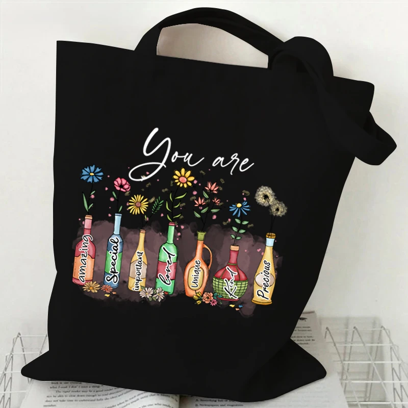 God Says You Are Christian Bible Verse Print Shoulder Bag Wildflower Design Tote Bags Women Religious Faith Canvas Shopping Bag