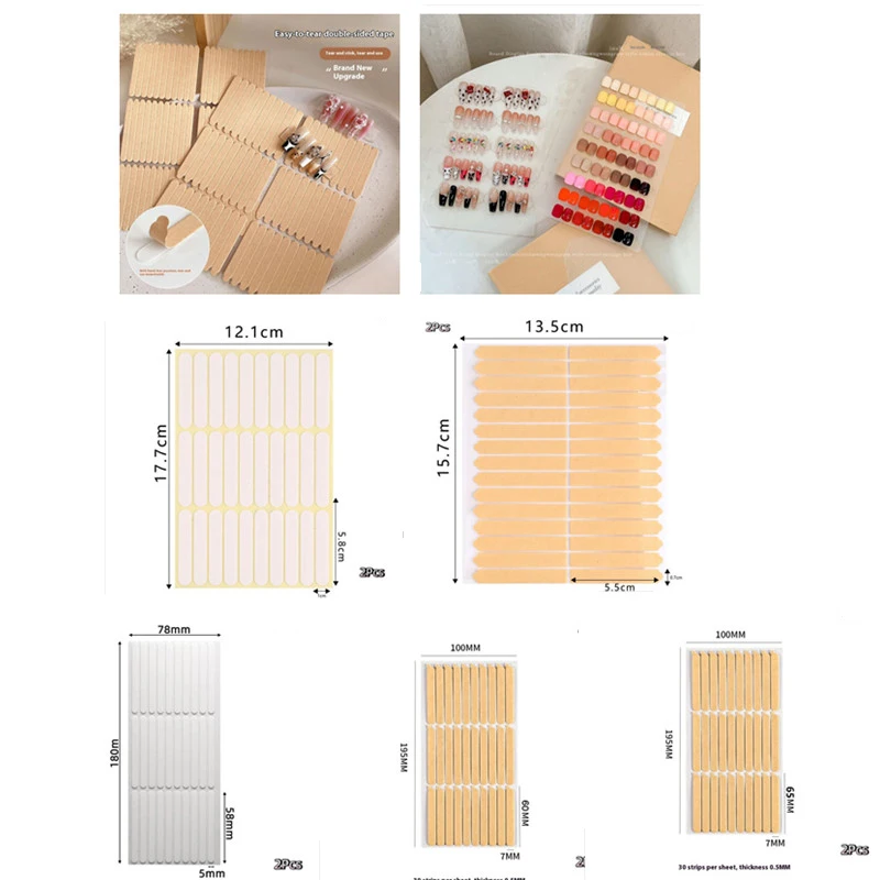 Cinta adhesiva doble para uñas postizas, soporte de exhibición, pegatinas de pegamento, barra de práctica de muestra, herramientas de parche sin rastro, 2 hojas