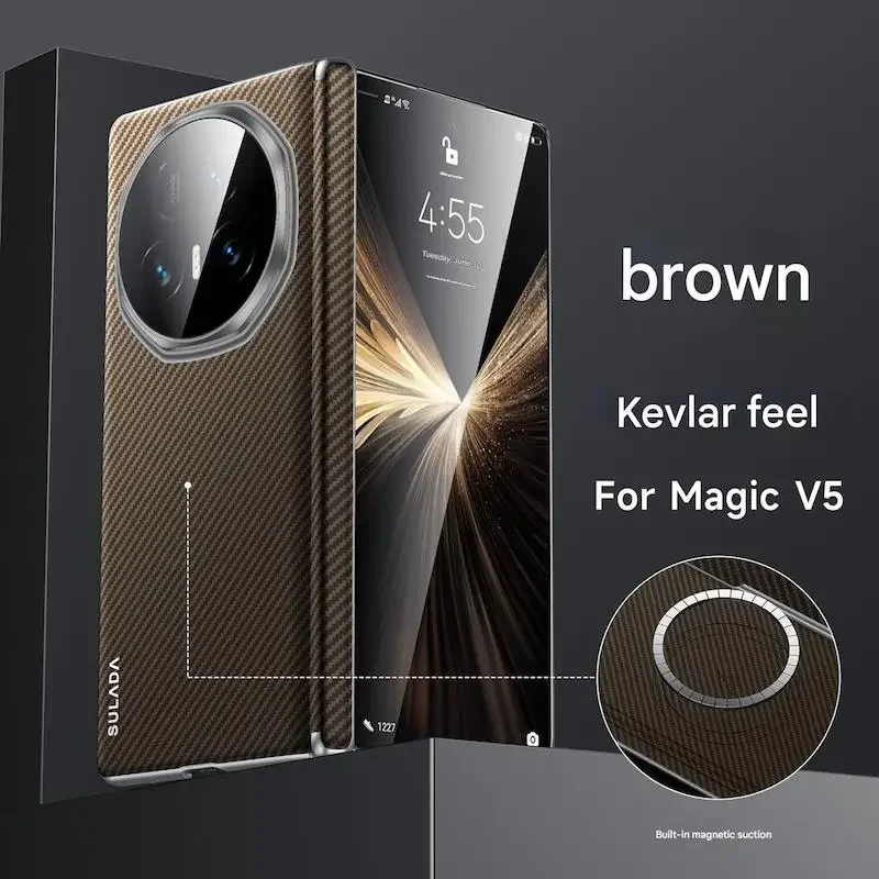 

Матовый кожаный чехол с узором из углеродного волокна для Honor Magic V5, складной шарнир, магнитная беспроводная зарядка, твердая обложка без передней части