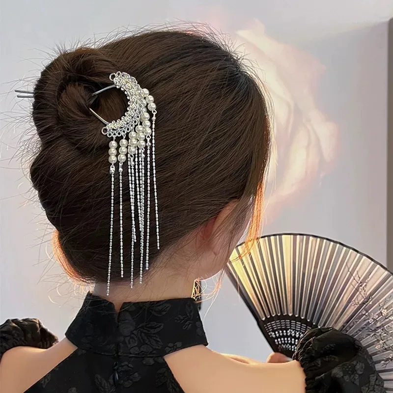 Chinese Hanfu Hair Accessories Set  U-shaped Hairpin Retro National Wind Pearl Fringe Hairpin Halloween Party Props For Women