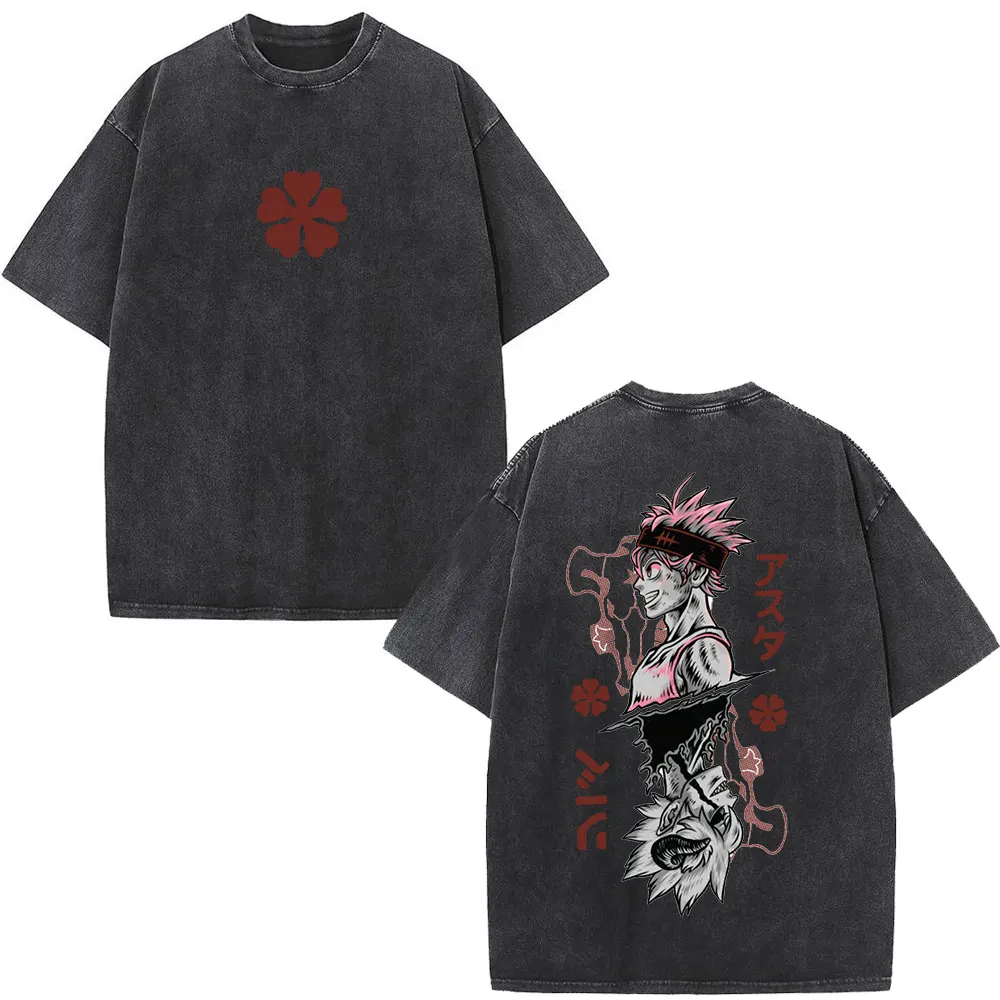 Japanese Anime Black Clover Washed T Shirt Yami Sukehiro Double Sided Graphic Print T-shirt Harajuku Streetwear T Shirts Tops