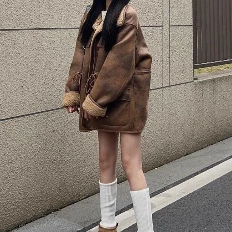 سترة سميكة من صوف الضأن قابلة للعكس للنساء، سترة شتوية فضفاضة من جلد السائق على الطراز العتيق #3