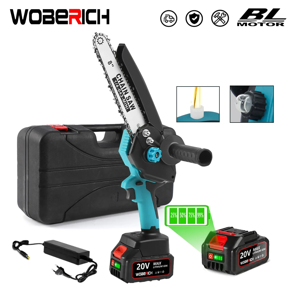 8 Inch Brushless Chain Saw with Oil Can Cordless Handheld Pruning Chainsaw Woodworking Electric Saw Cutting Power Tools