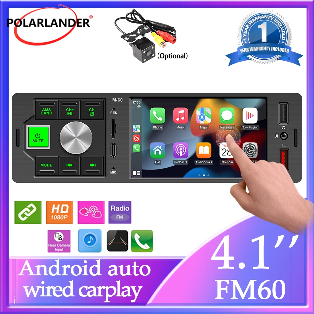 

4,1-дюймовый 1-DIN автомобильный MP5-плеер с проводным CarPlay, Android Auto, Bluetooth, FM-радио, USB, TF, Type-C и Mirror Link