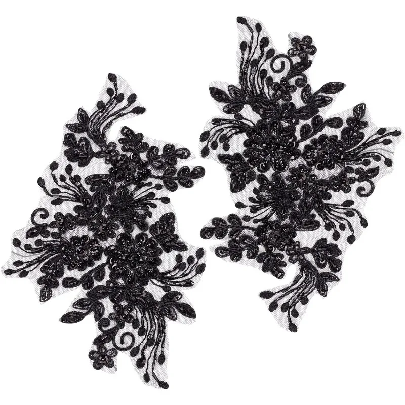 2Pcs Pearl Flower Embroidery Lace Patches 3D Floral Black Floral for Headpiece Clothing Bridal Accessories Supply Craft DIY