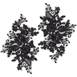 2Pcs Pearl Flower Embroidery Lace Patches 3D Floral Black Floral for Headpiece Clothing Bridal Accessories Supply Craft DIY