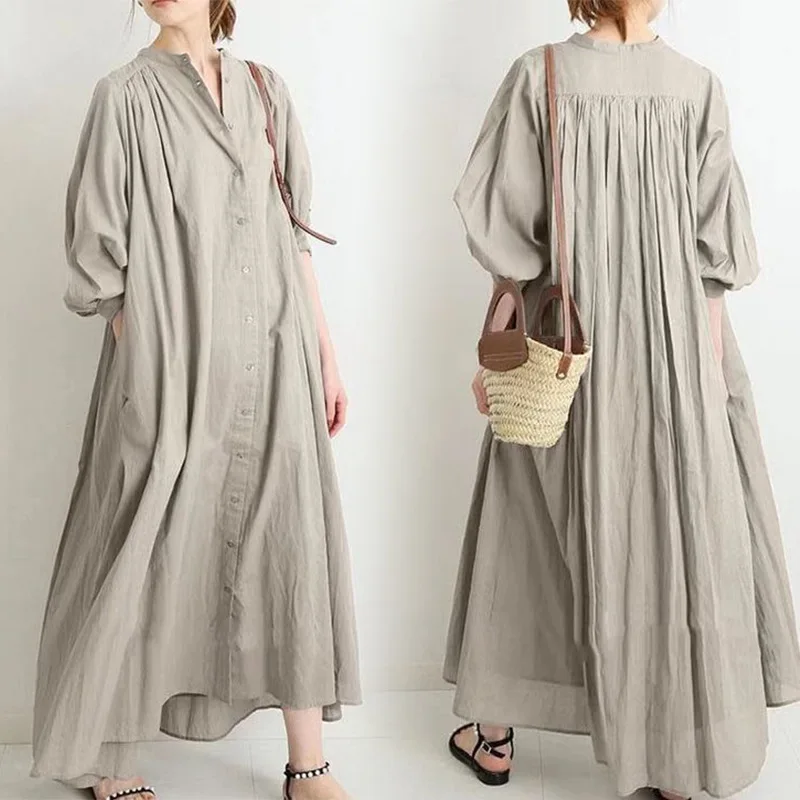 

2024 New Cotton and Hemp Literary Style Women's Shirt Skirt Japanese Cardigan Large Size Loose Over Knee Long Dress Casual Dress