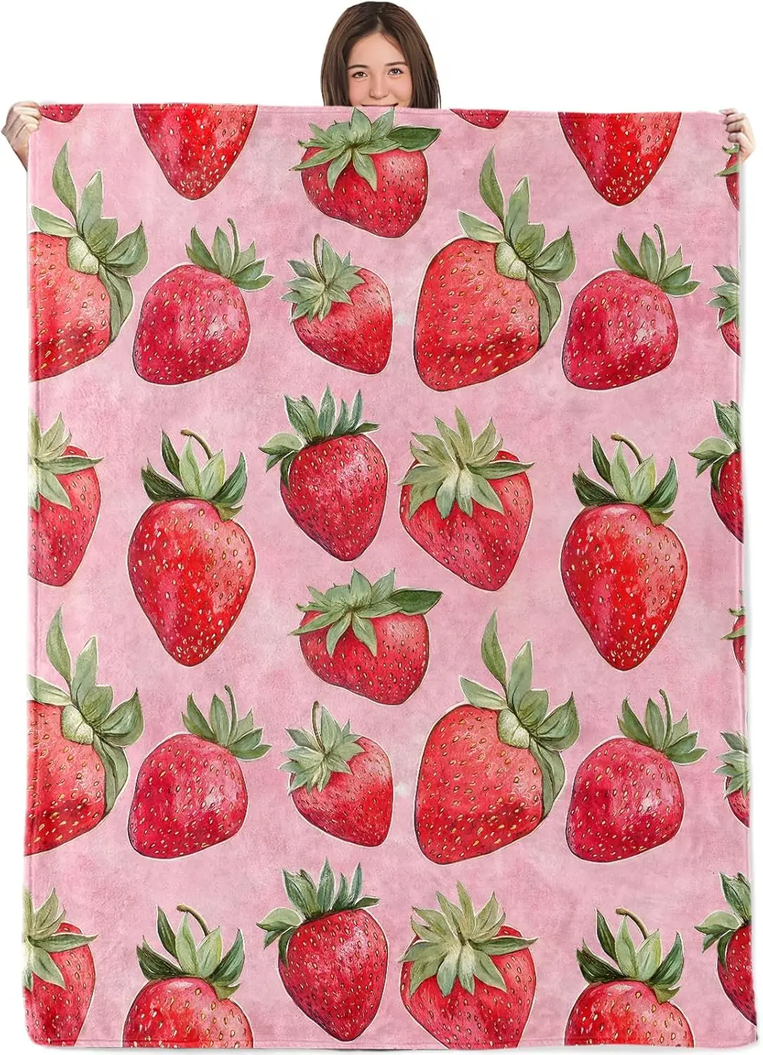 Strawberry Blanket,50x60in,Cozy Flannel Throw with Juicy Red Strawberries Cute Fruit Design, Lightweight Gifts Blankets for Kids