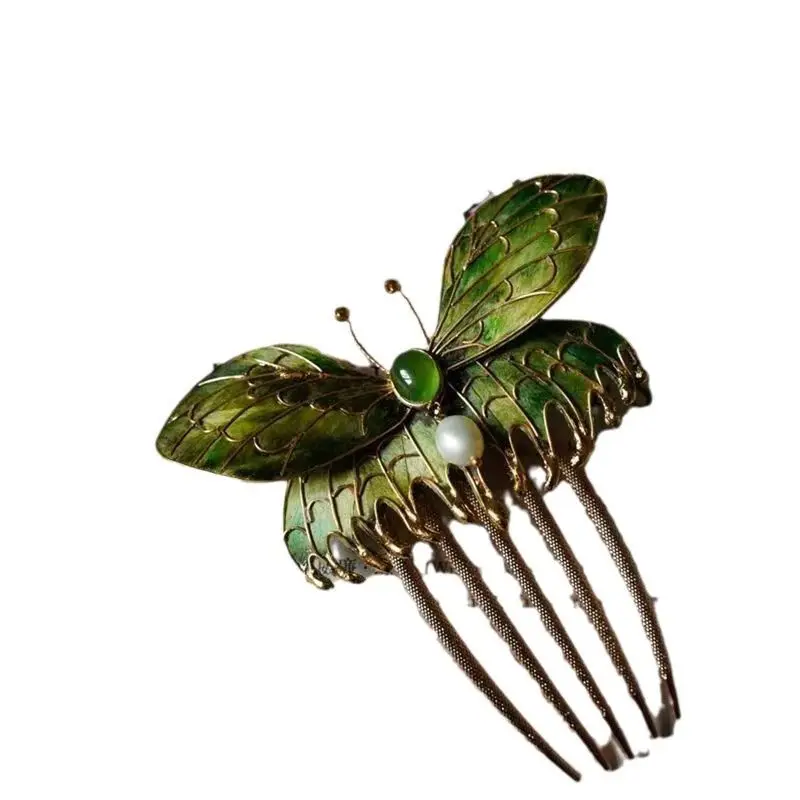 Classic film and television peripheral point green butterfly fluff commemorative hair accessories hair comb