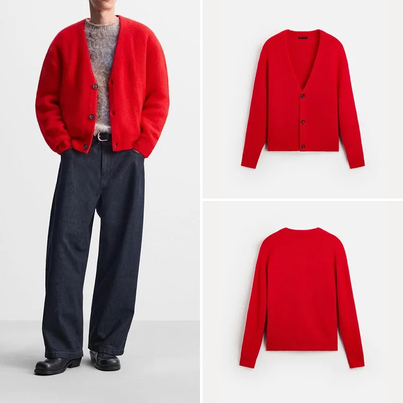 Red V-Neck Long Sleeve Knitted Cardigan Men's Spring 2025 Fashionable Comfortable Breathable Casual Wear by ZADATA