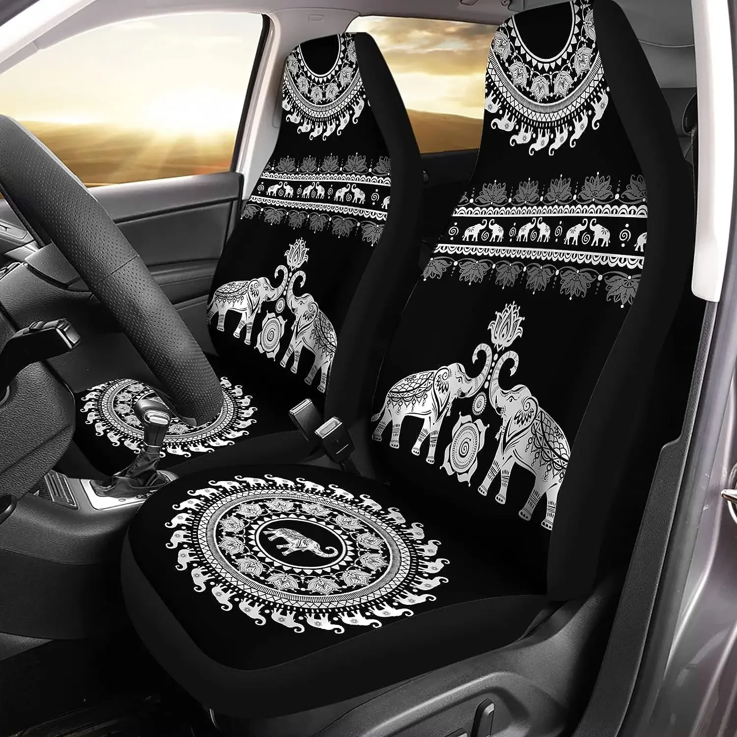 Mandala Flowers Elephant Pattern Auto Seat Cover Full Set 2 Pack Bucket Seat Covers Car Protection Accessories for Men Women