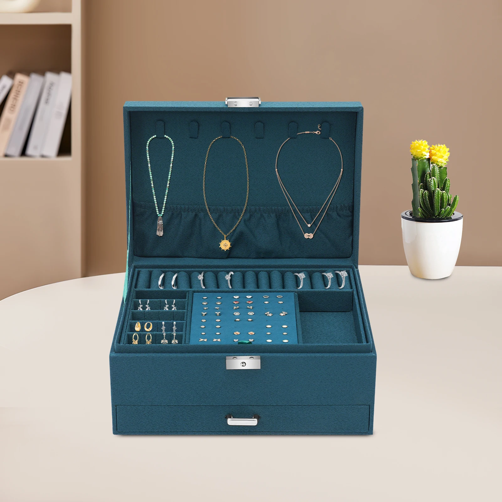 

Green 3 Layer Jewellery Box Leather Jewelry Organiser With Key Suitable For Rings Earrings Necklaces Bracelets Jewellery Box