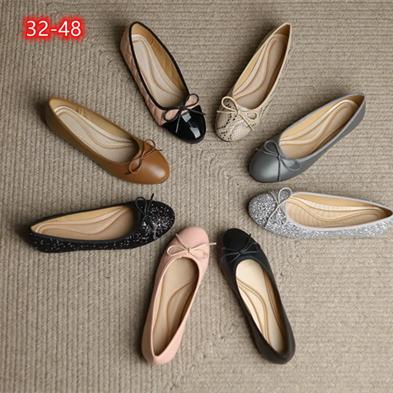 Women Patchwork Ballet Flats Leather Soft Working Shoes Snug Insole Bow-Knot Spring Slip-on Round Toe Wide Fits Moccasins 33-48