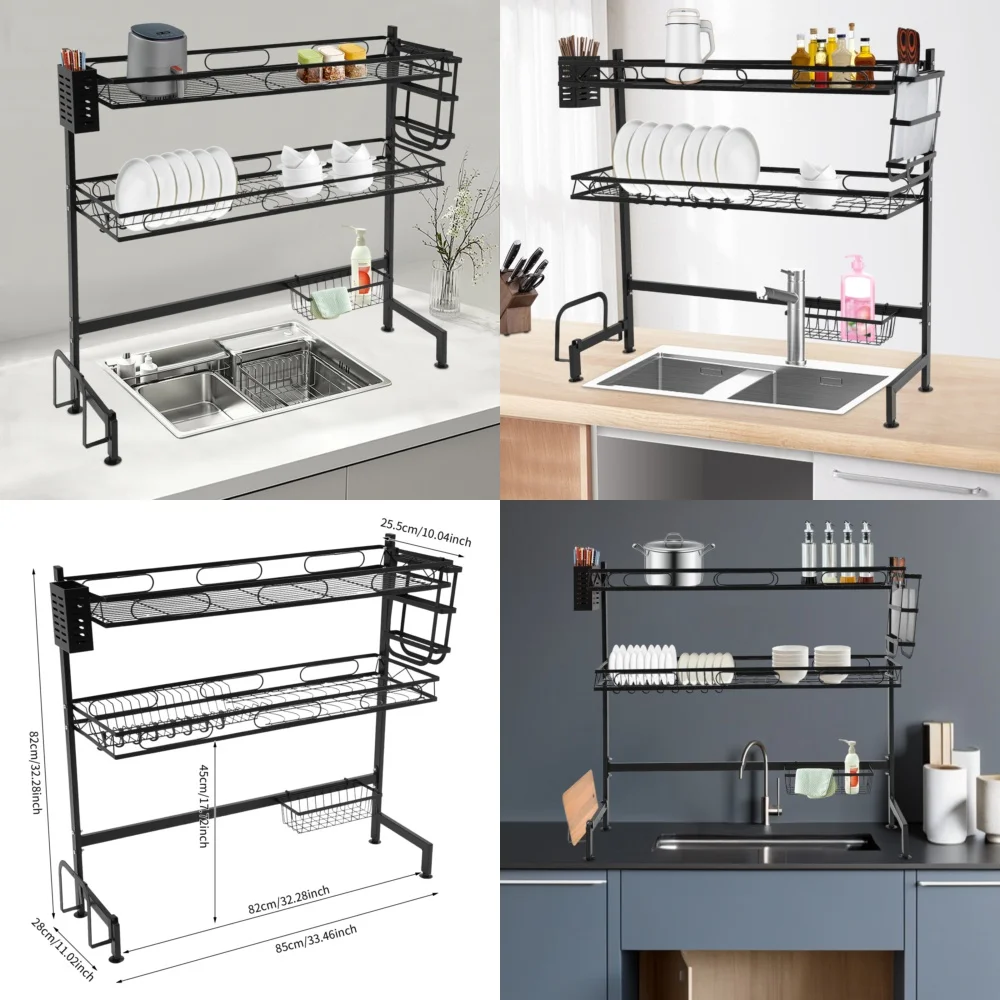

2 Tier Over Sink Dish Drying Rack with Cutlery Drainer Kitchen Cup Organizer Expandable 82 cm Space Saving Kitchen Storage
