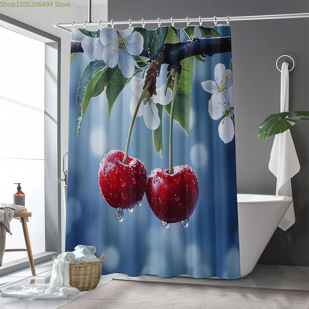 

[] 1pc, Cherry Printed Shower Curtain, 180.34x180.34 cm, with Hooks, for Bathroom Home Decoration, All Seasons