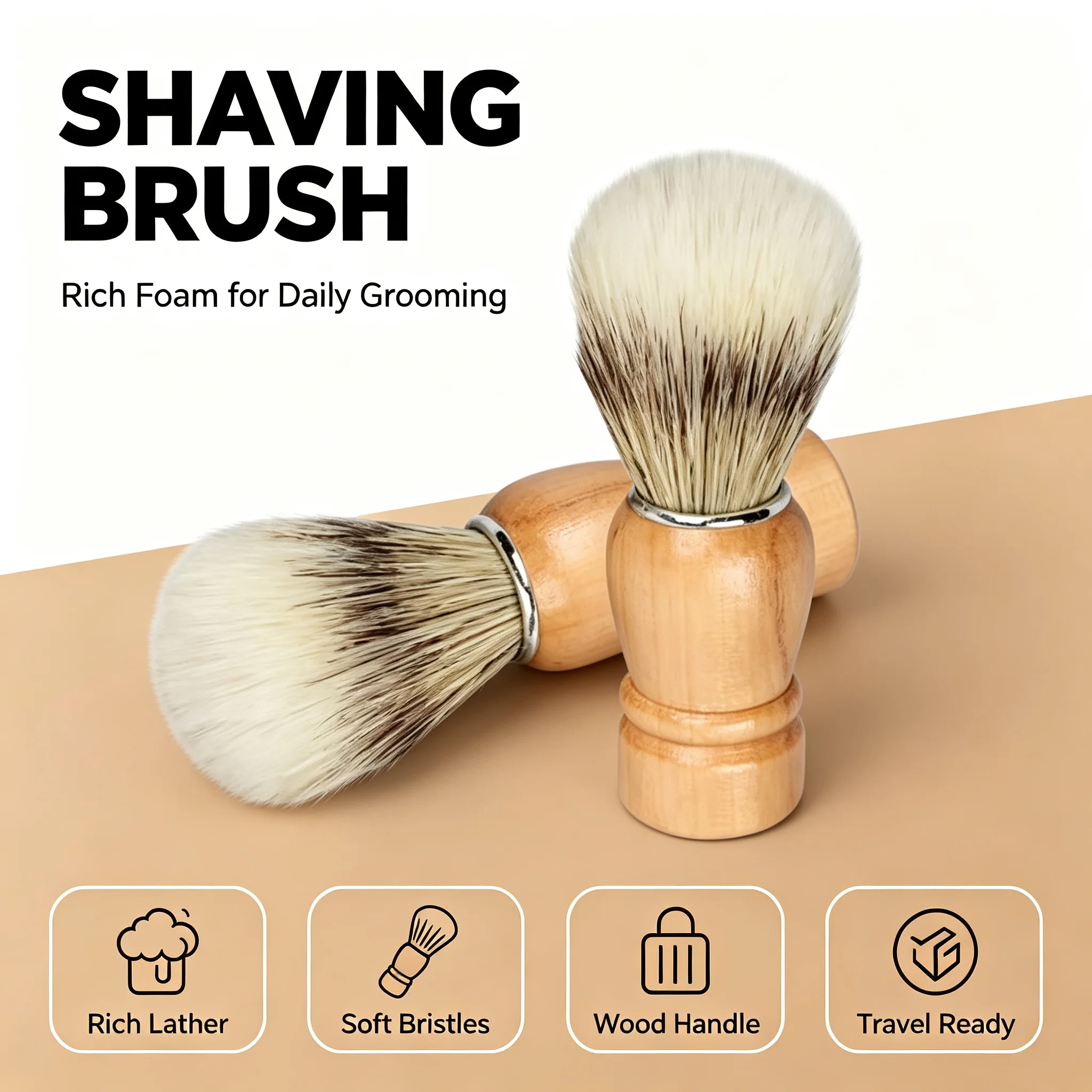 Portable Handmade Wooden Shaving Brush Stiff Nylon Bristles Shave Lather Brush for Men Grooming Barber Cleaning Tool